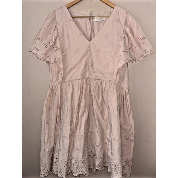 LOFT Women’s Light Pink Lace Eyelet Dress XXL Short Sleeve Fit & Flare - Picture 1 of 5